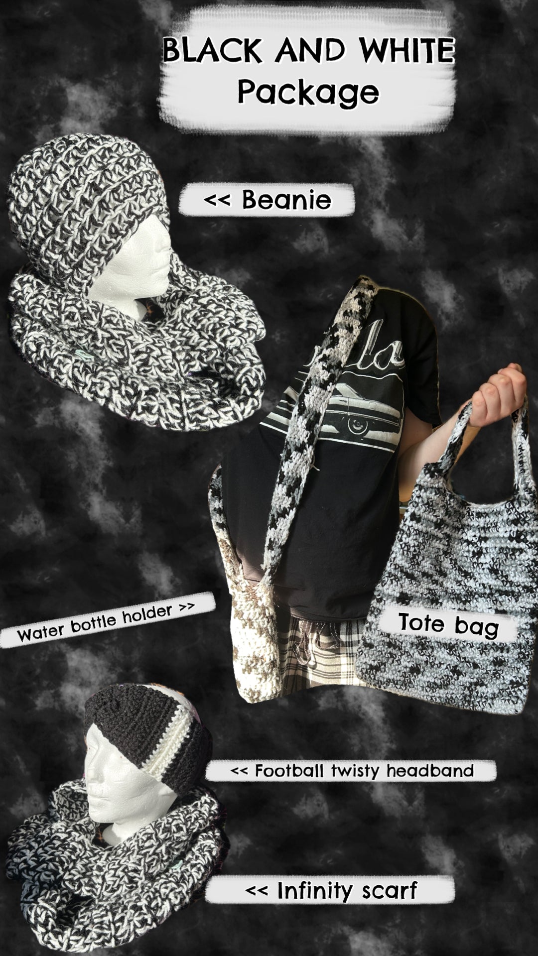 Black and white crocheted items package